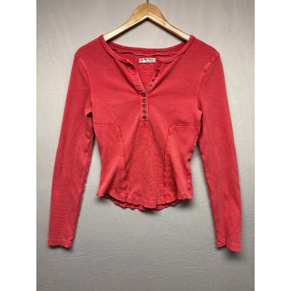 Free People Henley Shirt Top Womens Red‎ Waffle Knit Stretch Long Sleeve Small